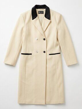 Elegant Cream Wool Coat with Black  Velvet Collar - Size M